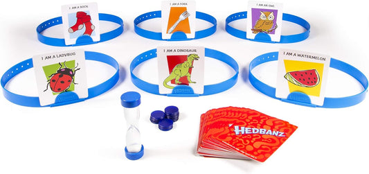 Educational game set with headbands, cards, and timer 