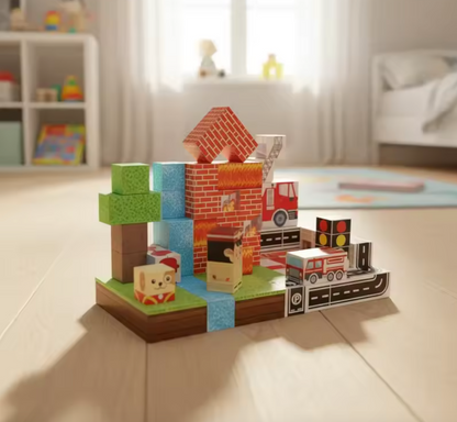 Children's toy building blocks set on a tiled floor with a blurred room background