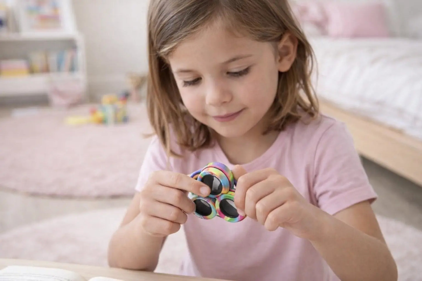 Young girl playing with a WonderCalm Magnetic Rings™ Multicolour