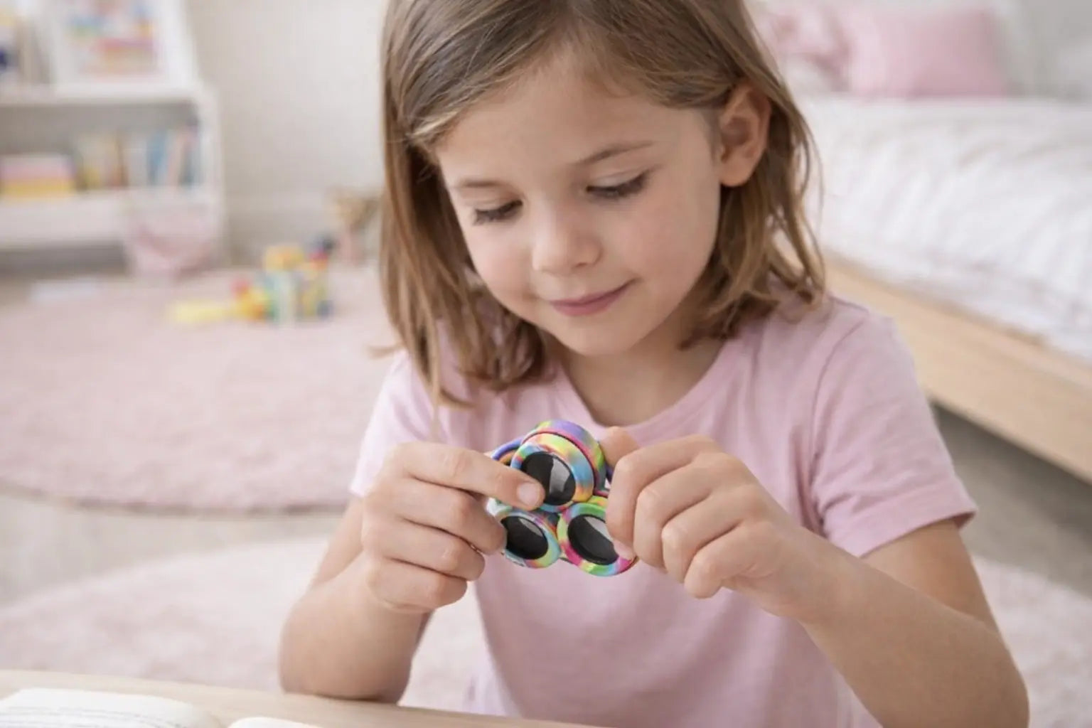 Young girl playing with a WonderCalm Magnetic Rings™ Multicolour