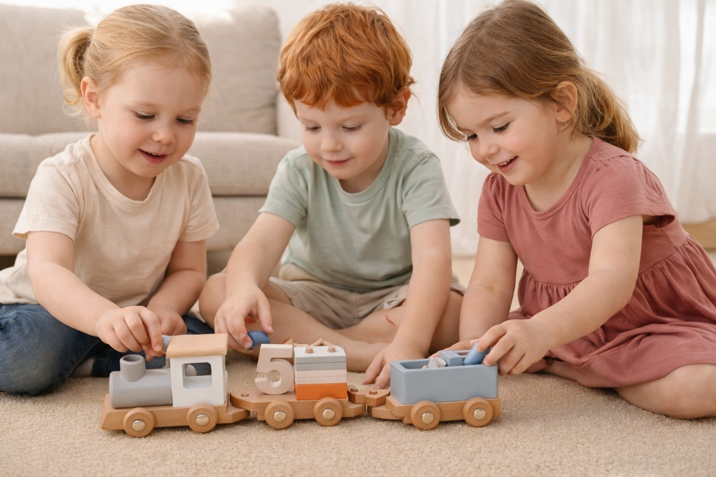 Children playing with Montessori wooden number train
