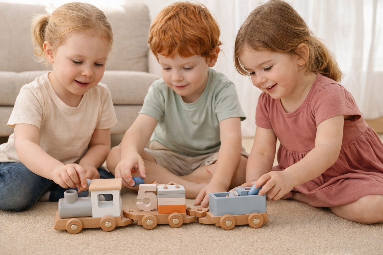 Children playing with Montessori wooden number train
