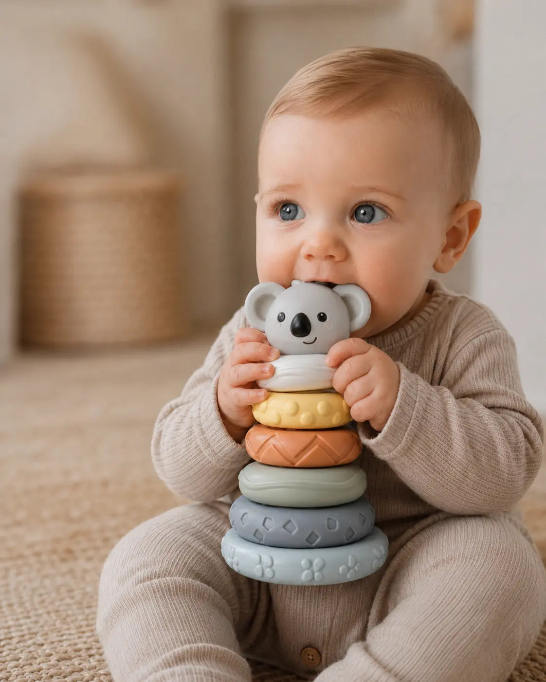 Baby holding a stack of colorful baby toys with a neutral background