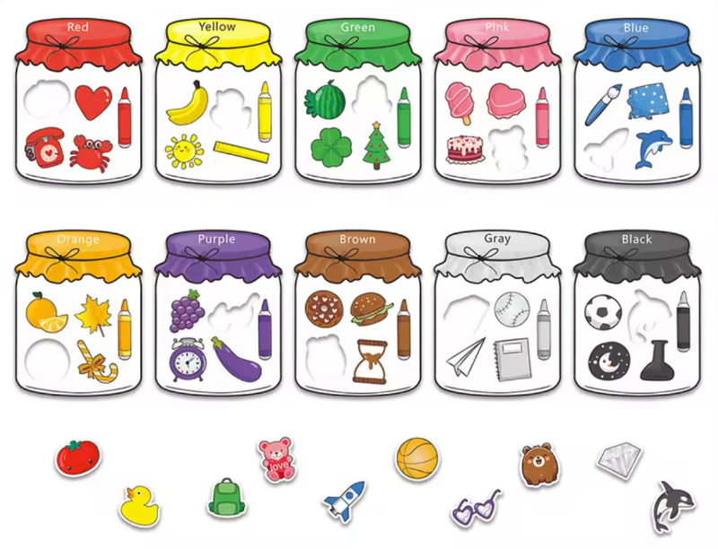 Colourful jars with educational stickers 