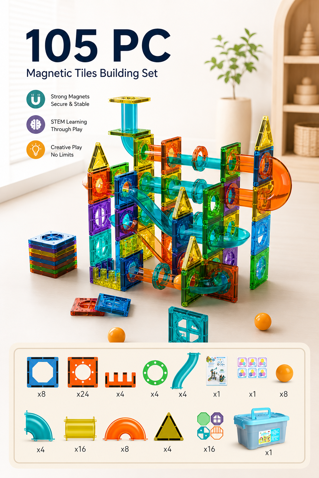 105-piece Magnetic Tiles Building Set featuring marble run pieces, colourful magnetic building blocks and STEM educational toy for children.