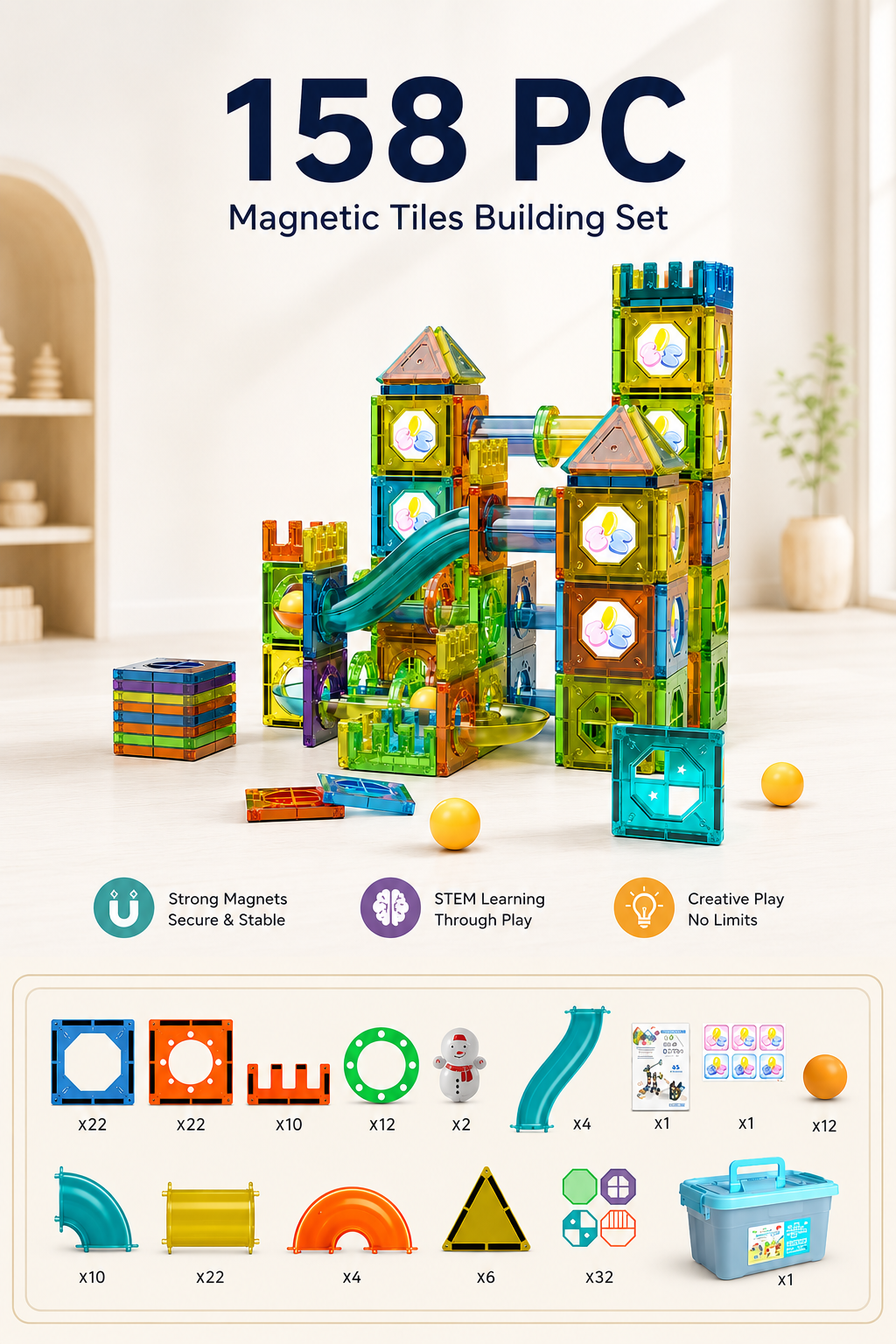 158-piece Magnetic Tiles Building Set with marble run, colourful magnetic blocks, storage box and STEM construction toys for kids.