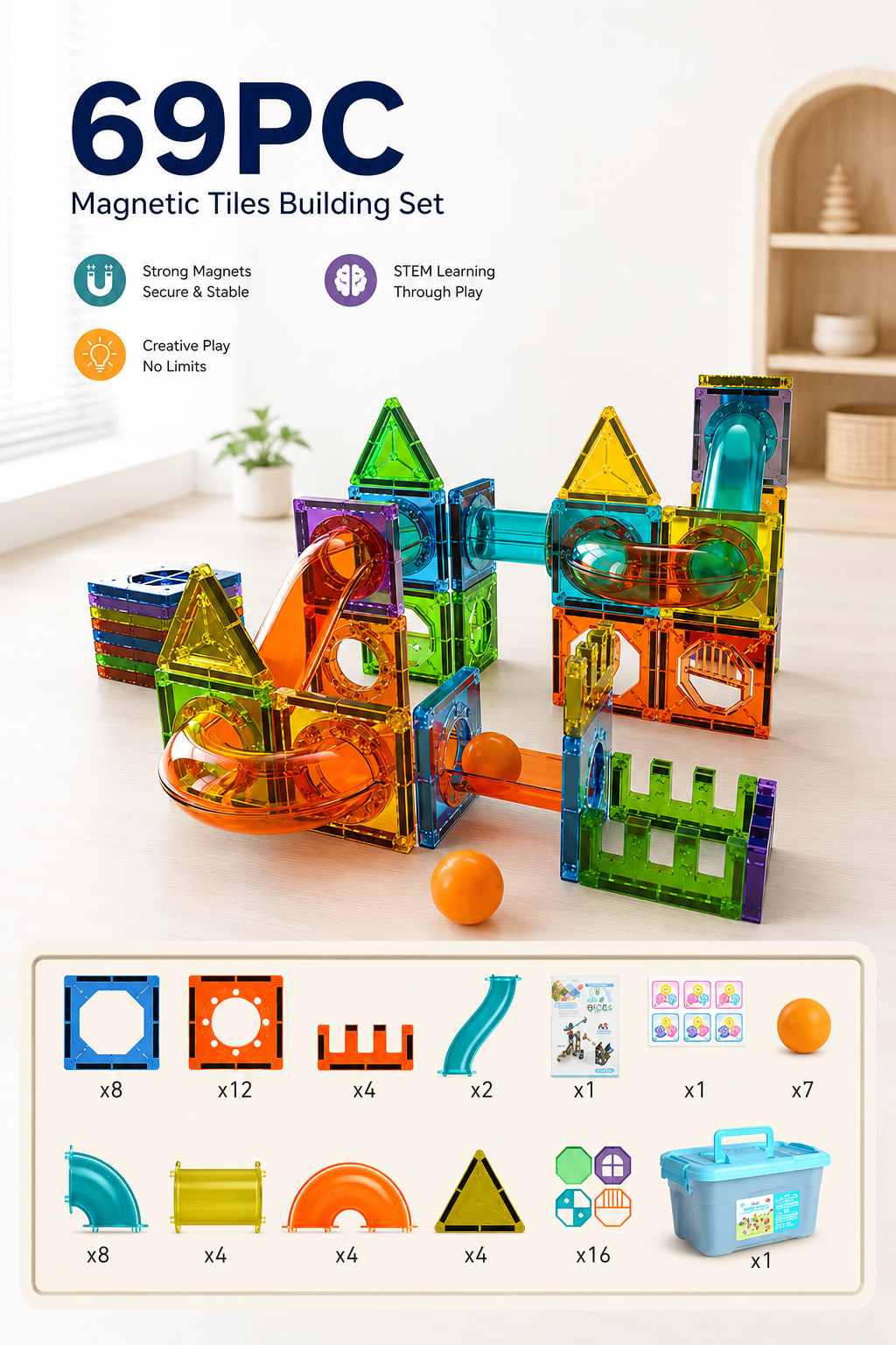 69-piece Magnetic Tiles Building Set featuring marble run pieces, colourful magnetic building blocks and STEM educational toy for children.