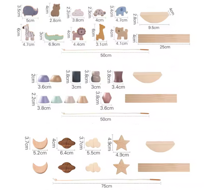 Measurement chart of animal stringing teeter totter toys with dimensions and weights.