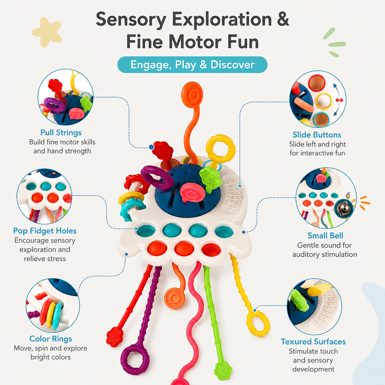 Baby-safe natural wood teether with textured silicone surfaces for infant sensory exploration