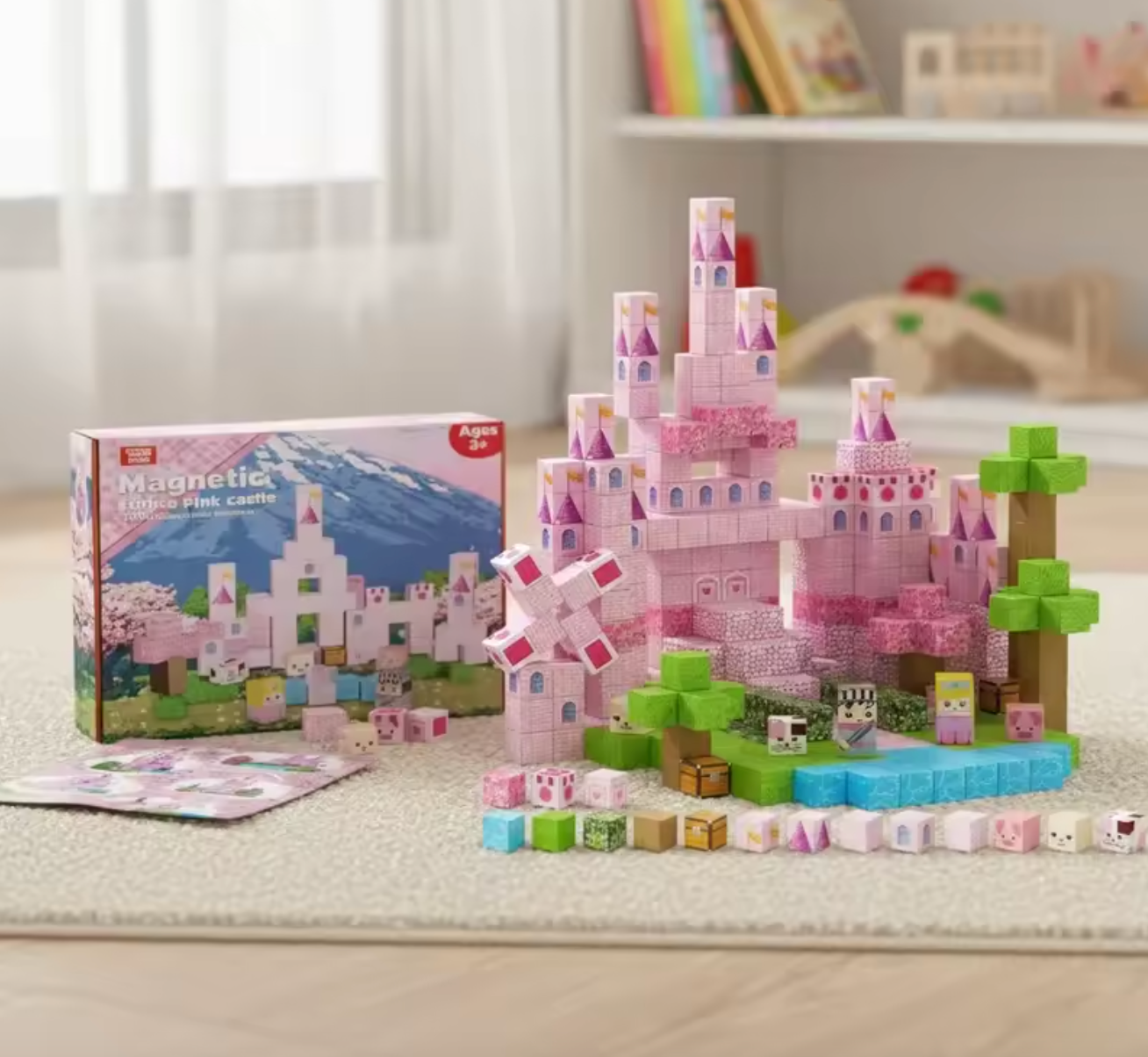 Pink castle building set with colourful blocks 