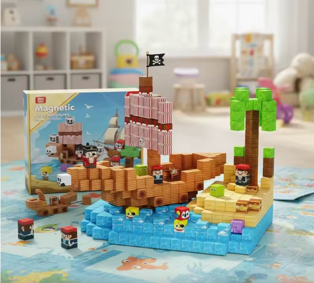 Pirate-themed building block set with a ship and island