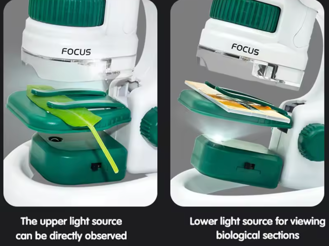 Pocket microscope close-up showing focus and LED light