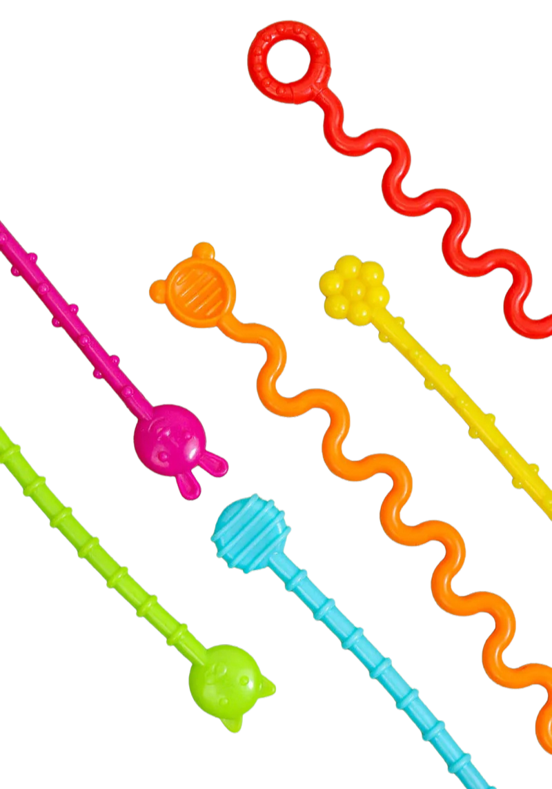 Montessori sensory teething toy with natural wood and baby-safe silicone beads for infant oral development