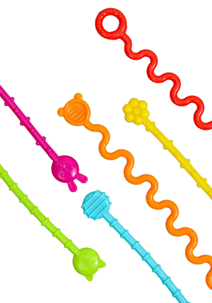 Montessori sensory teething toy with natural wood and baby-safe silicone beads for infant oral development