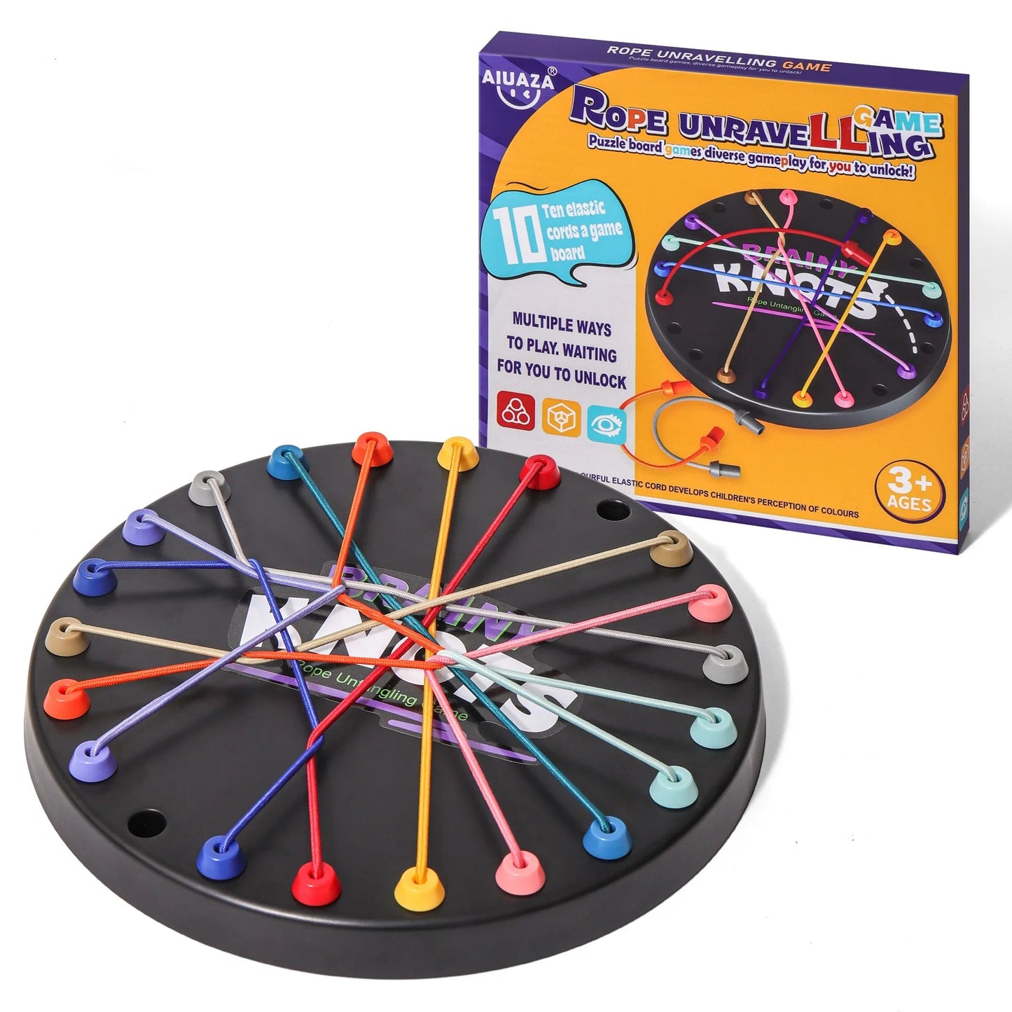 Rope unravelling game with colorful ropes and packaging on a white background