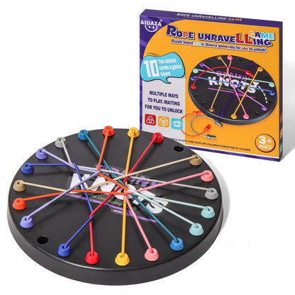 Rope unravelling game with colorful ropes and packaging on a white background