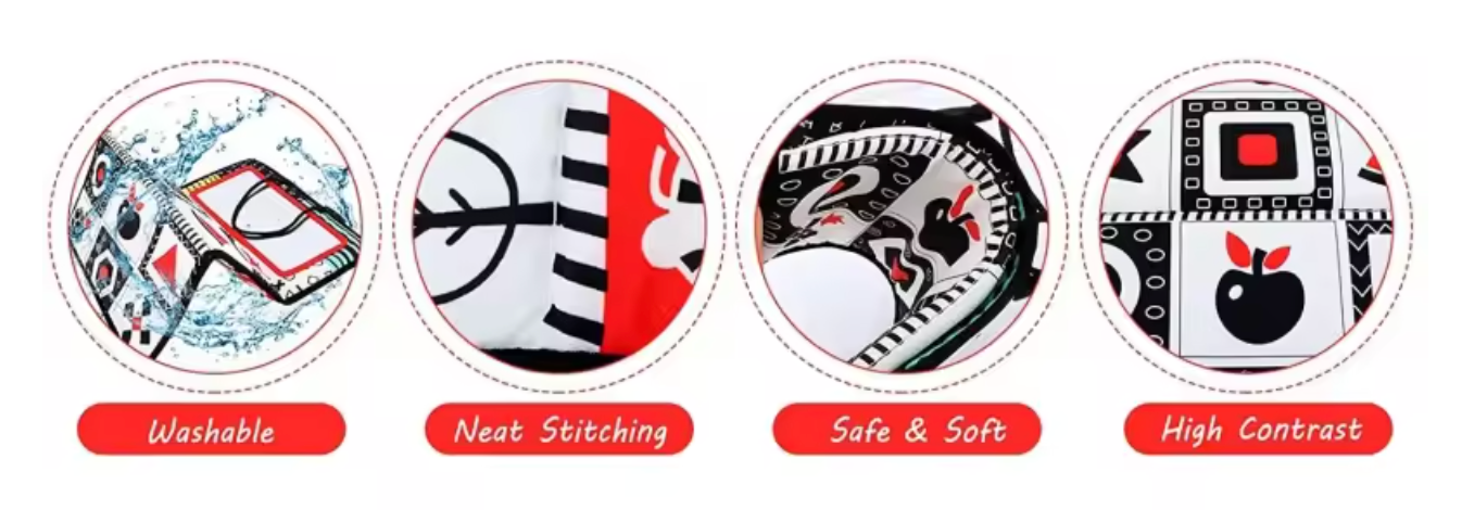 High contrast tummy time mirror book used on playmat and crib
