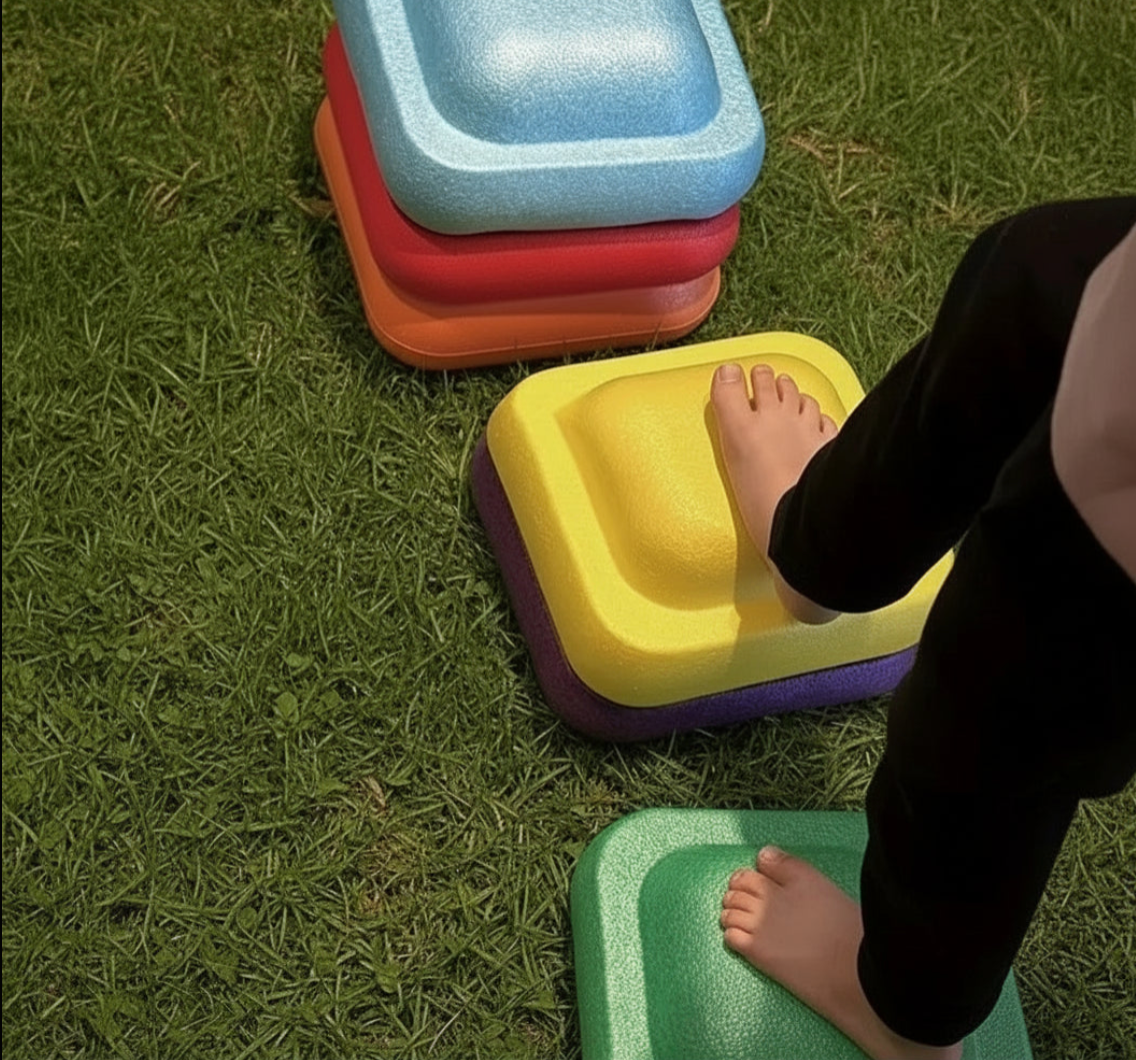 Child using balance stepping stones indoors