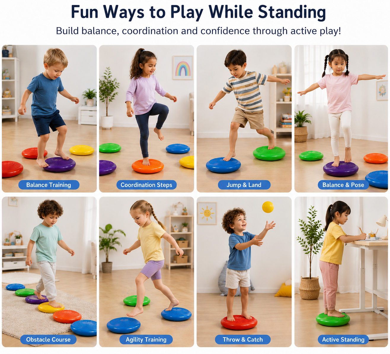 Fun ways to play standing with Sensory Wobble Cushion for balance, coordination and active play