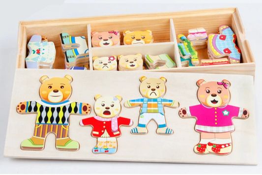 Set of bear-shaped wooden puzzles in a box