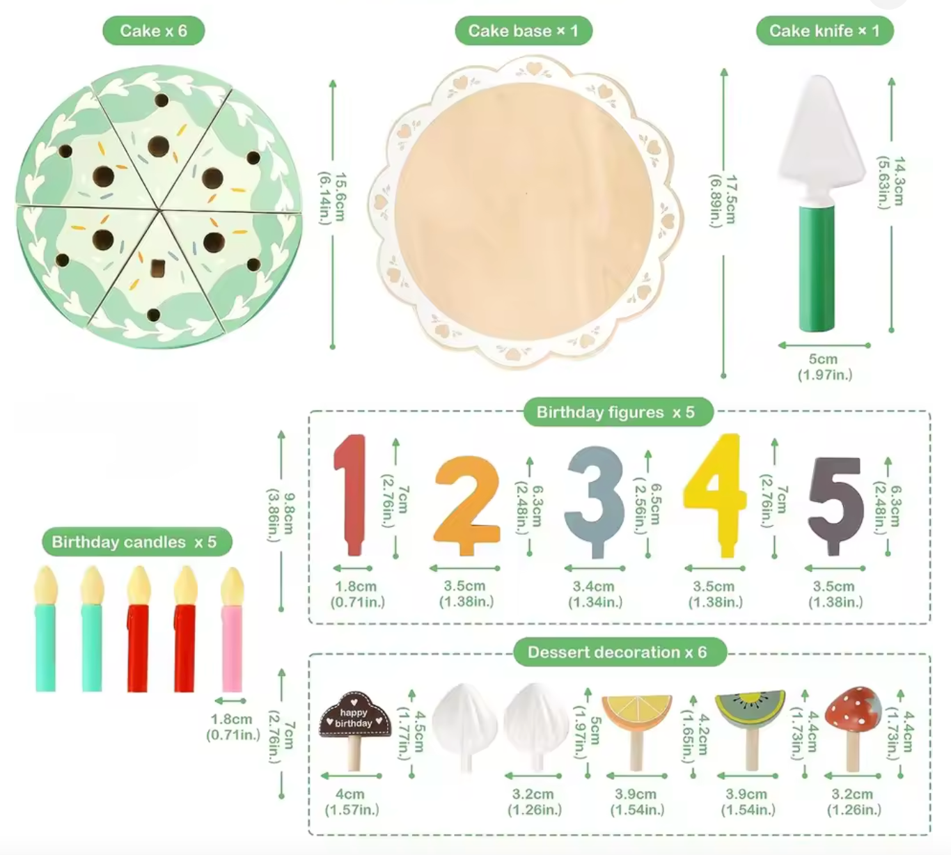 Dimensions of wooden pretend play birthday cake set
