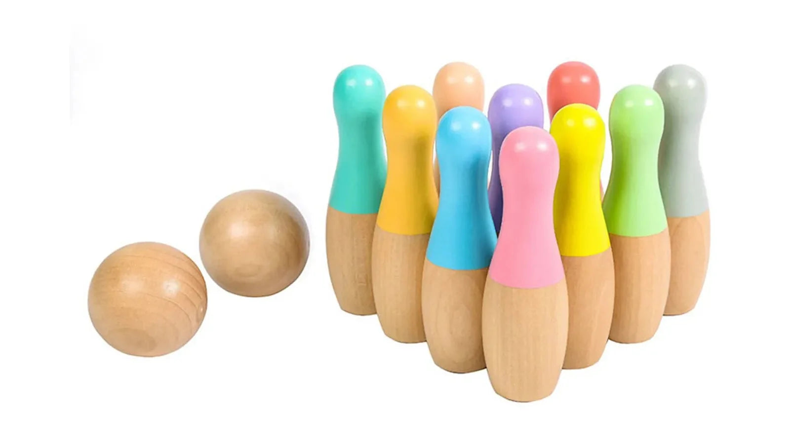 Set of colourful wooden bowling pins and balls