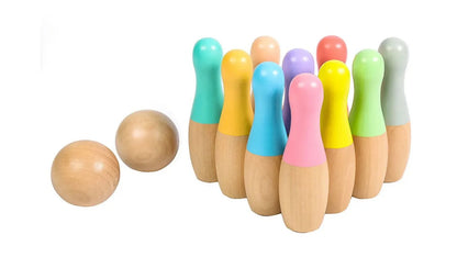 Set of colourful wooden bowling pins and balls