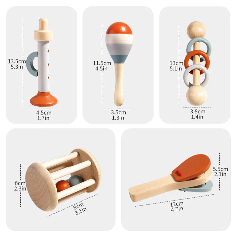 Set of wooden baby toys with measurements displayed