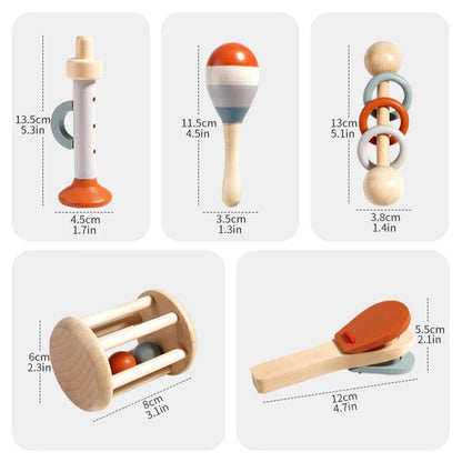 Set of wooden baby toys with measurements displayed