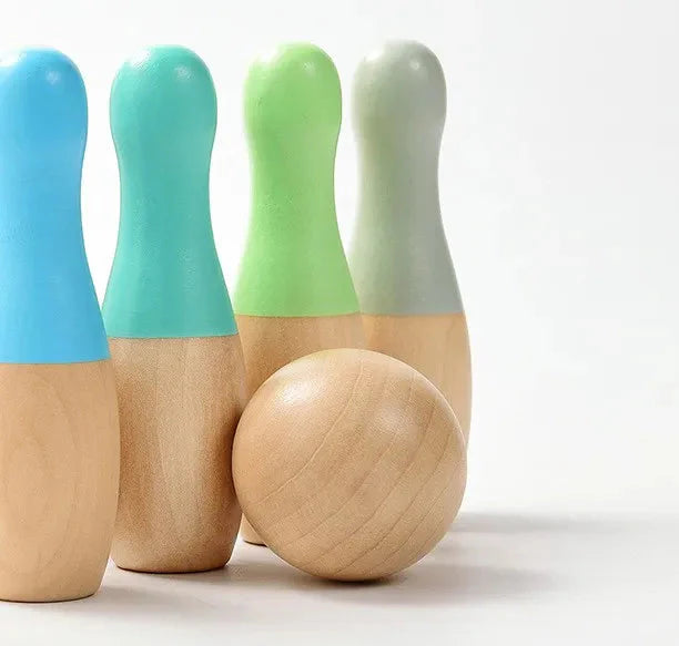 Wooden bowling pins with colourful tops for toddlers