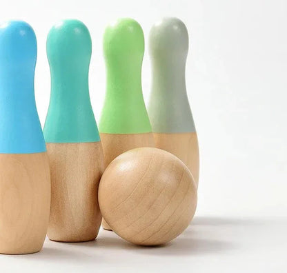 Wooden bowling pins with colourful tops for toddlers