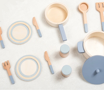 Set of wooden kitchen utensils and dishes 