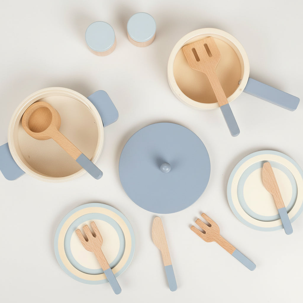 Set of wooden kitchen utensils and pots with blue handles 