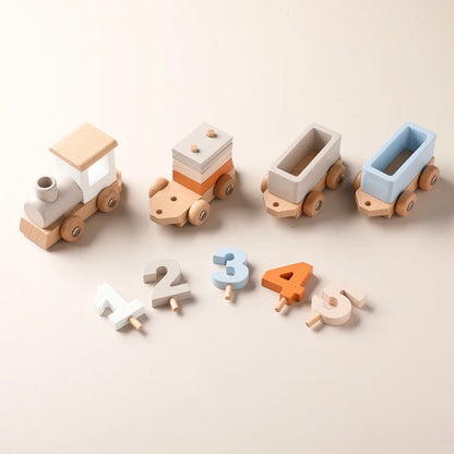 Set of wooden toy cars and numbers 