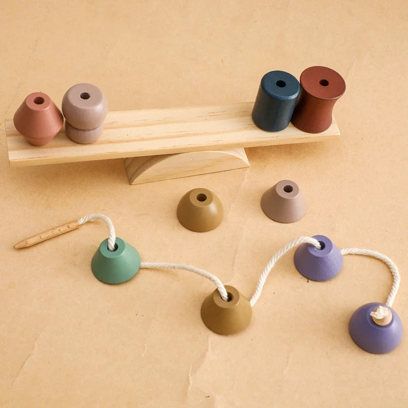 Wooden lacing beads and balance game pieces