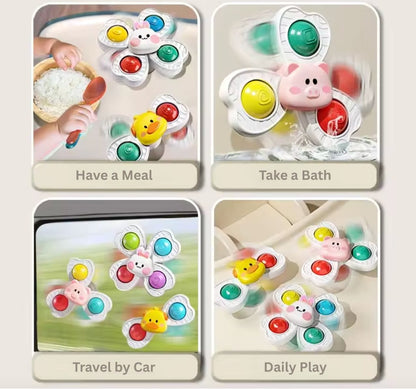 Toddler using calming sensory spinner toy in bath for autism ADHD support