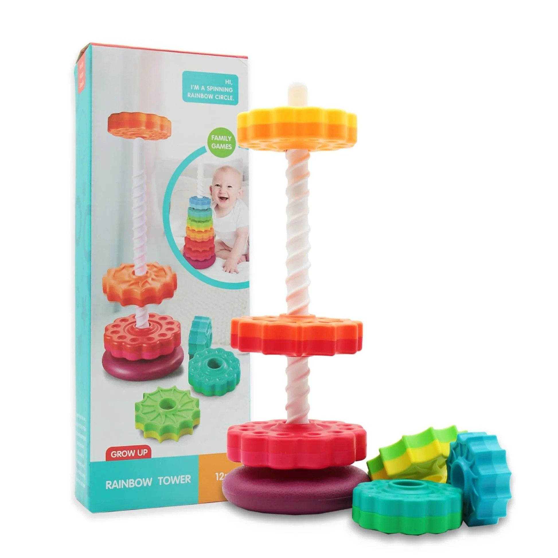 Spinning rainbow tower toddler toy in use