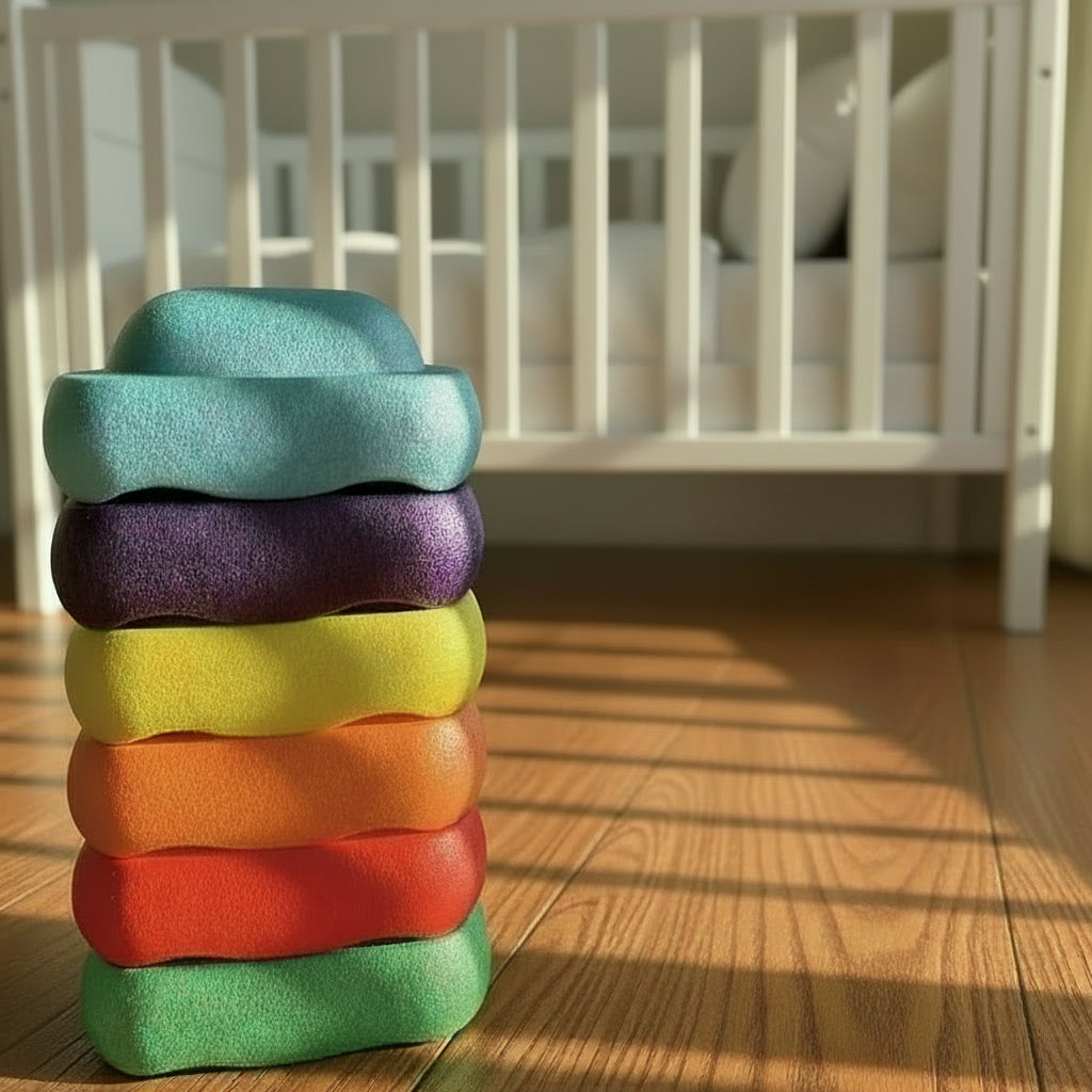 Stack of colourful step stones in a baby room