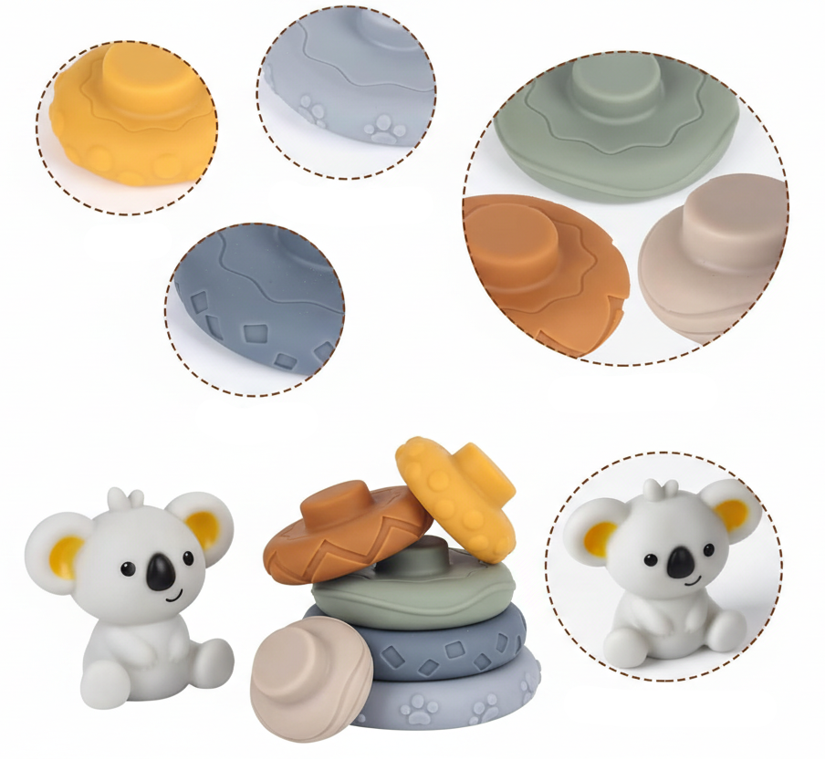 Stacking tower toy showing varied textures with koala character
