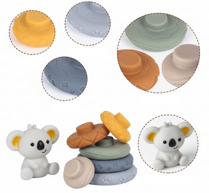 Stacking tower toy showing varied textures with koala character