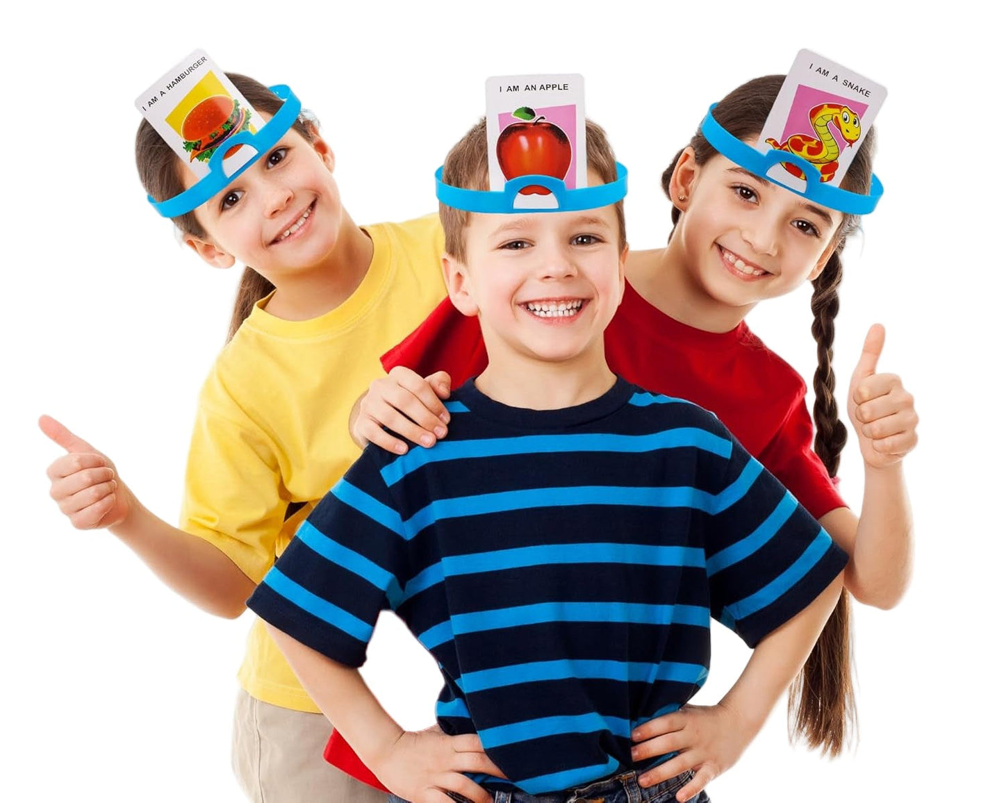 Three children playing Who Am I Hedbanz game with headband cards