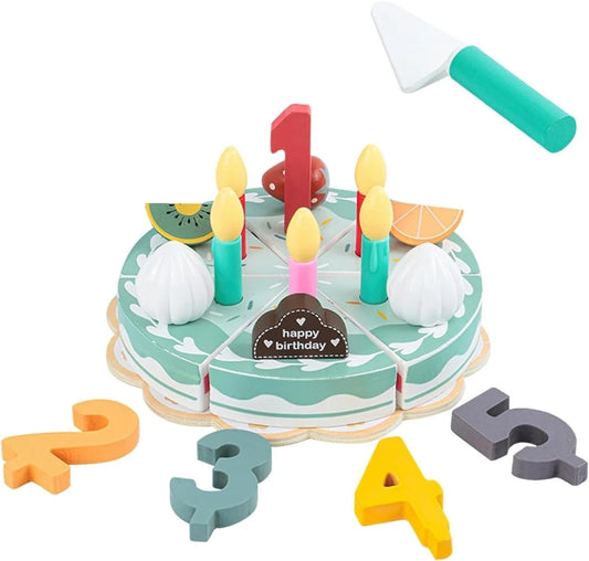 Toy birthday cake with candles and number blocks 