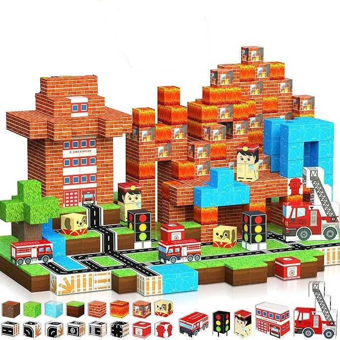 Toy building block set with various structures and vehicles 