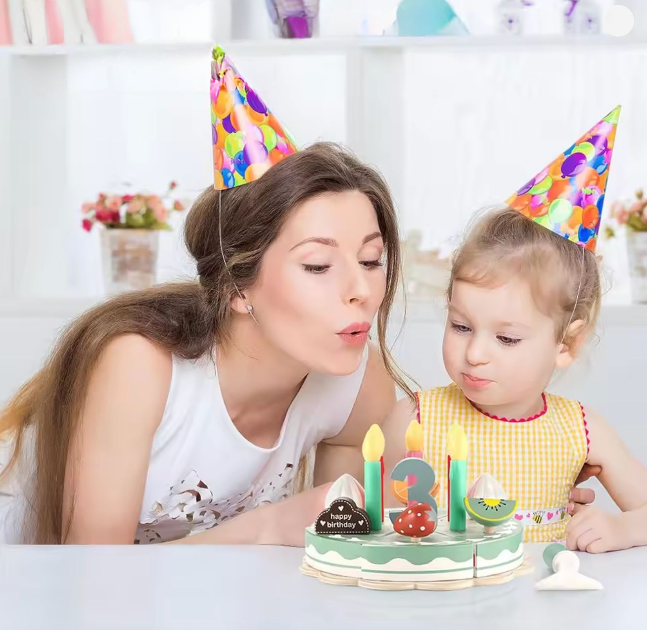 Parent and child playing with wooden birthday cake pretend play set
