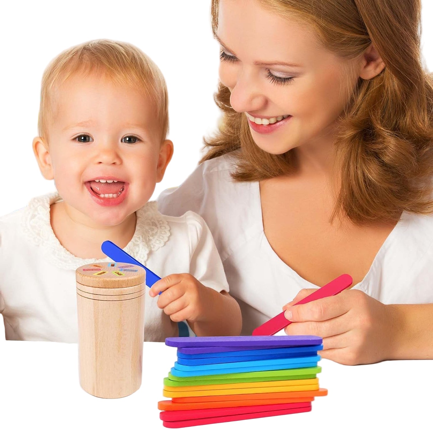 Woman and child playing with colourful sticks and a wooden toy