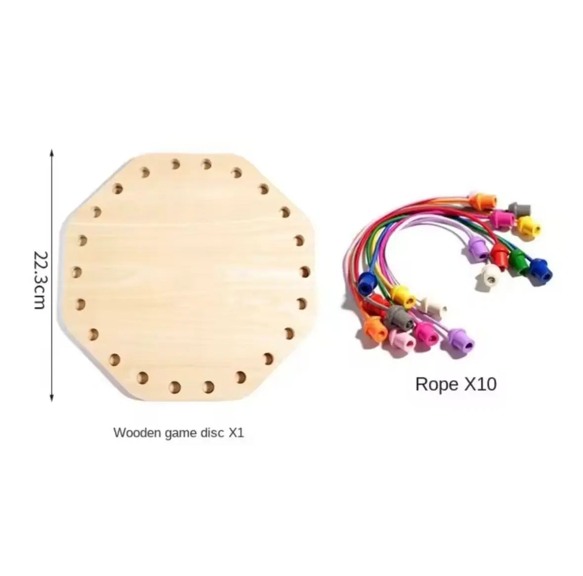 Wooden rope puzzle game measuring 22.3 cm, shown with one hexagonal game board and 10 colourful threading ropes.