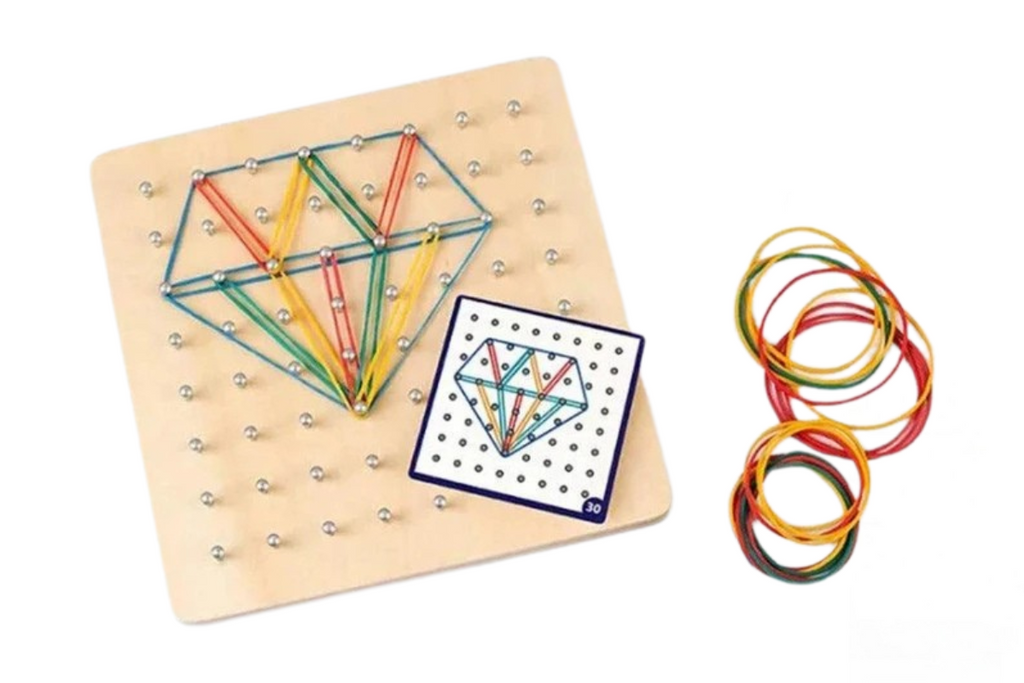 Geometric nail board with rubber band designs