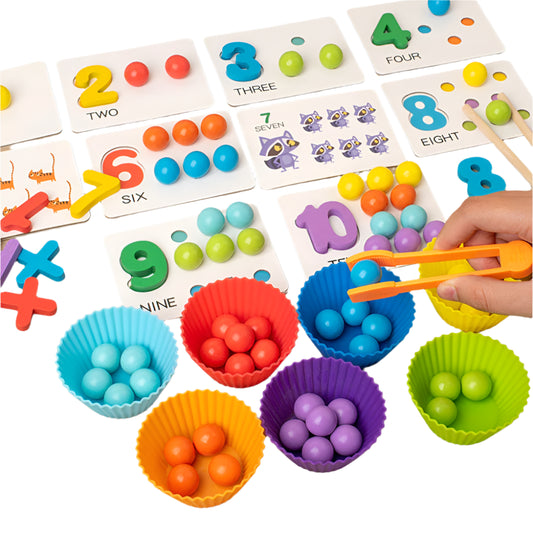 Wooden colourful sorting toy with beads and bowls