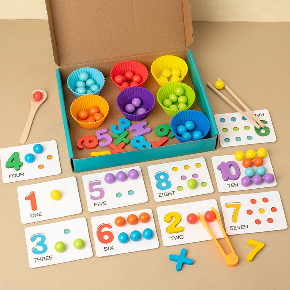 Wooden colourful sorting toy with beads and bowls