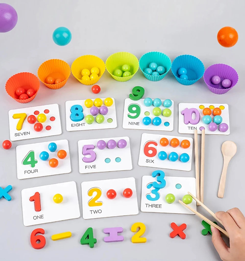 Wooden colourful sorting toy with beads and bowls